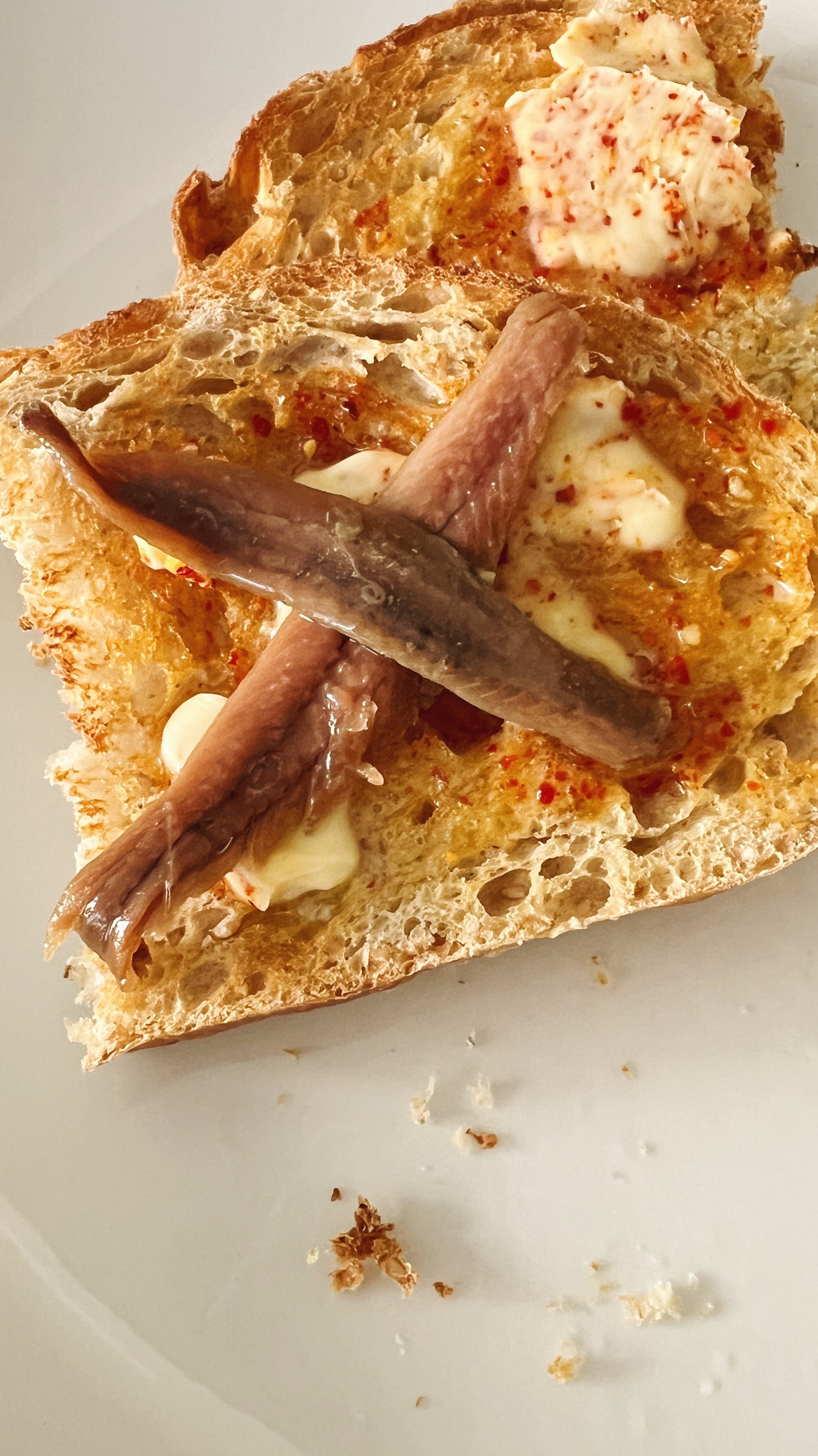 Donostia Foods Cantabrian anchovies and piment d'Espelette on buttered sourdough toast.