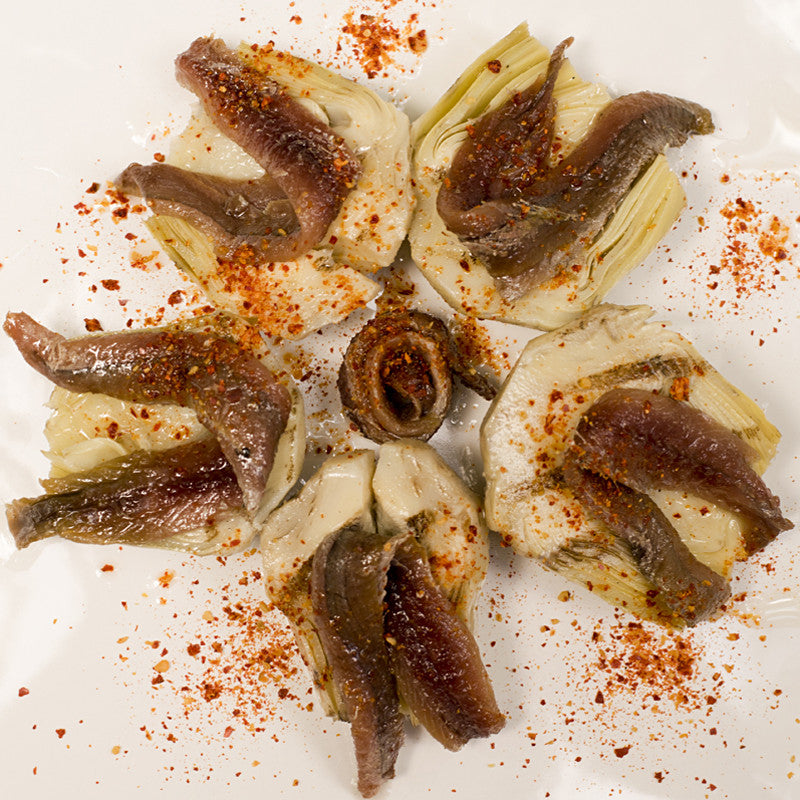 Marinated Grilled Artichokes and Cantabrian Anchovies with Piment d'Espelette