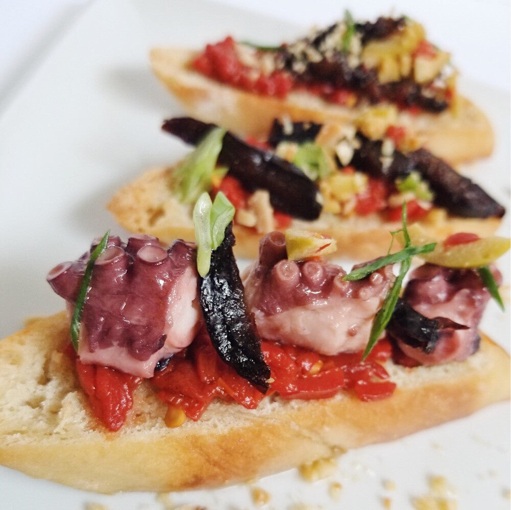 Pan Rustico with Octopus in Olive Oil & Piquillo Peppers - Chef Andy Suarez - Donostia Foods