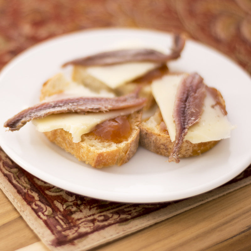 Pintxos Pronto #4: Cantabrian Anchovies with Manchego Cheese and Aprioct Jam