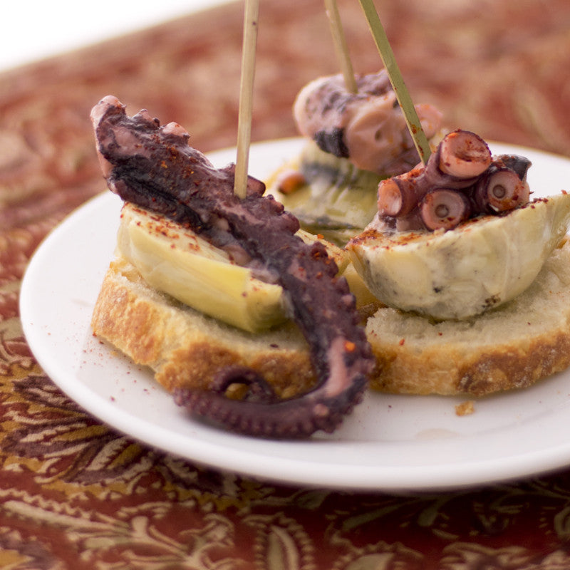 Pintxos Pronto #6: Marinated Grilled Artichokes and Octopus in Olive Oil with Piment d'Espelette