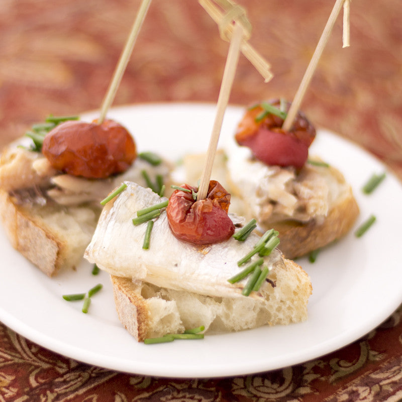 Pintxos Pronto #1: Sardines in Olive Oil with Roasted Cherry Tomatoes and Chives