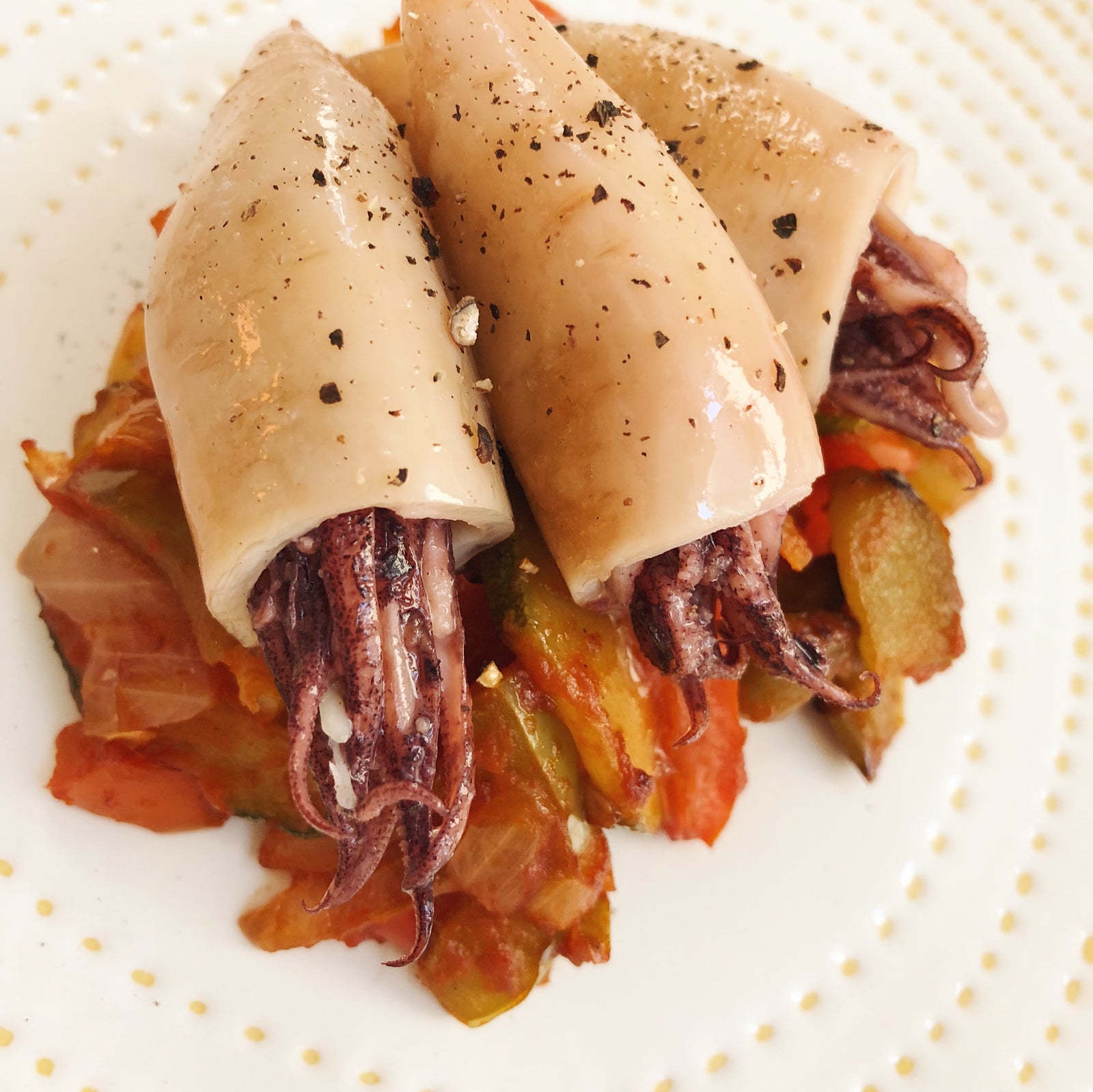 Small Squid (Chipirones Rellenos) on Pisto - Donostia Foods