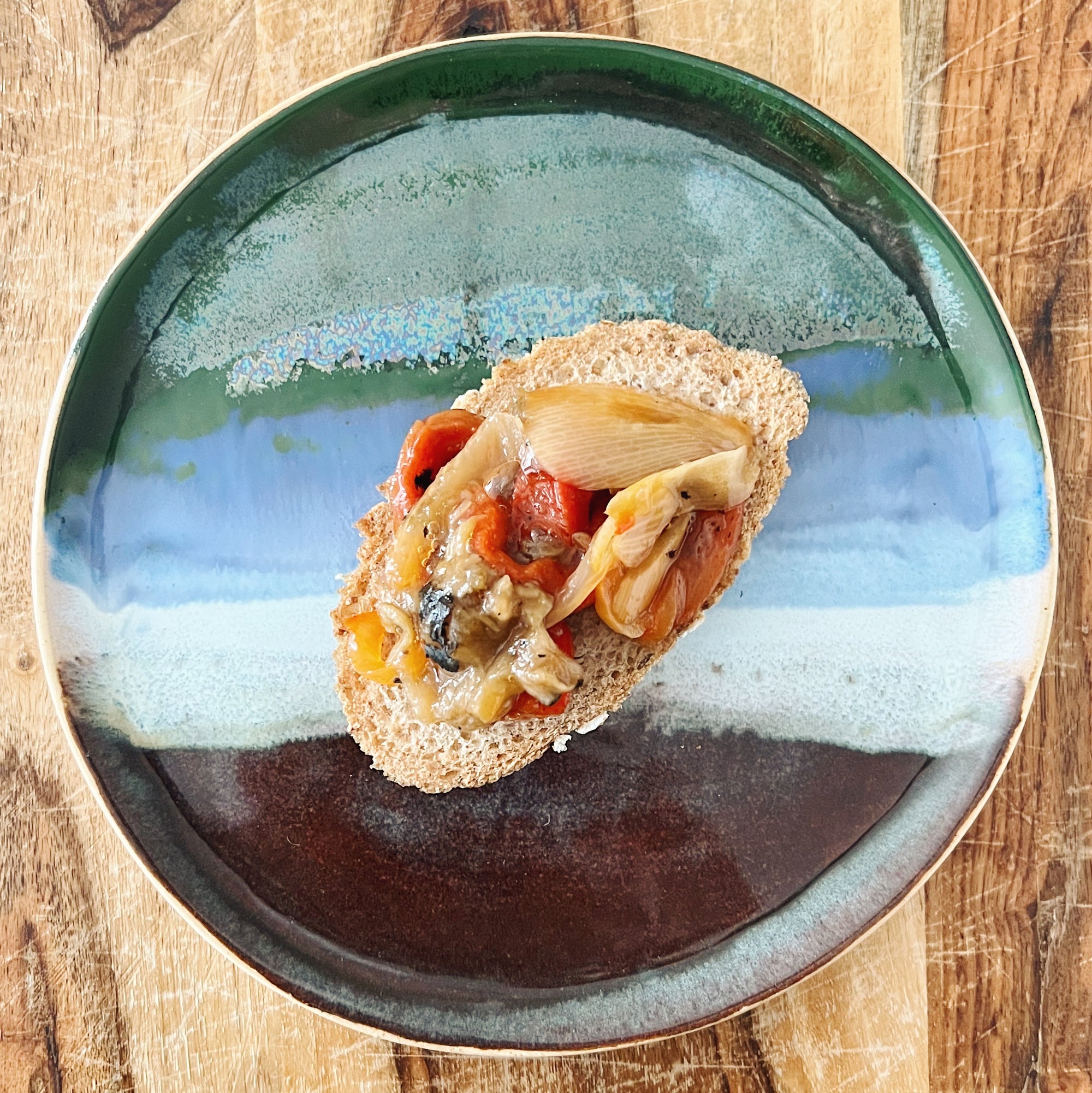 Donostia Foods Escalivada on bread on the Lavender Storm artisan pintxo plate.
