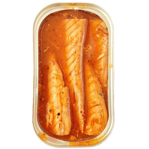 An open tin of Donostia Foods Mackerel Fillets in Harbor Tavern Teriyaki Sauce.