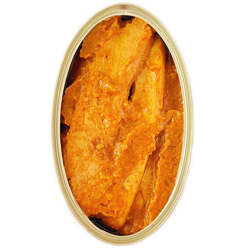 Donostia Foods Yellowfin Tuna in Tikka Sauce, an open tin.