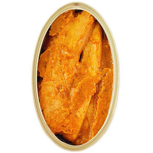 Donostia Foods Yellowfin Tuna in Tikka Sauce, an open tin.