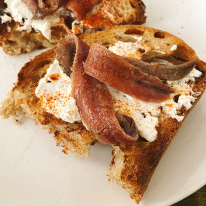 Donostia Foods Cantabrian Anchovies and Ricotta with Sweet Paprika on Sourdough toast