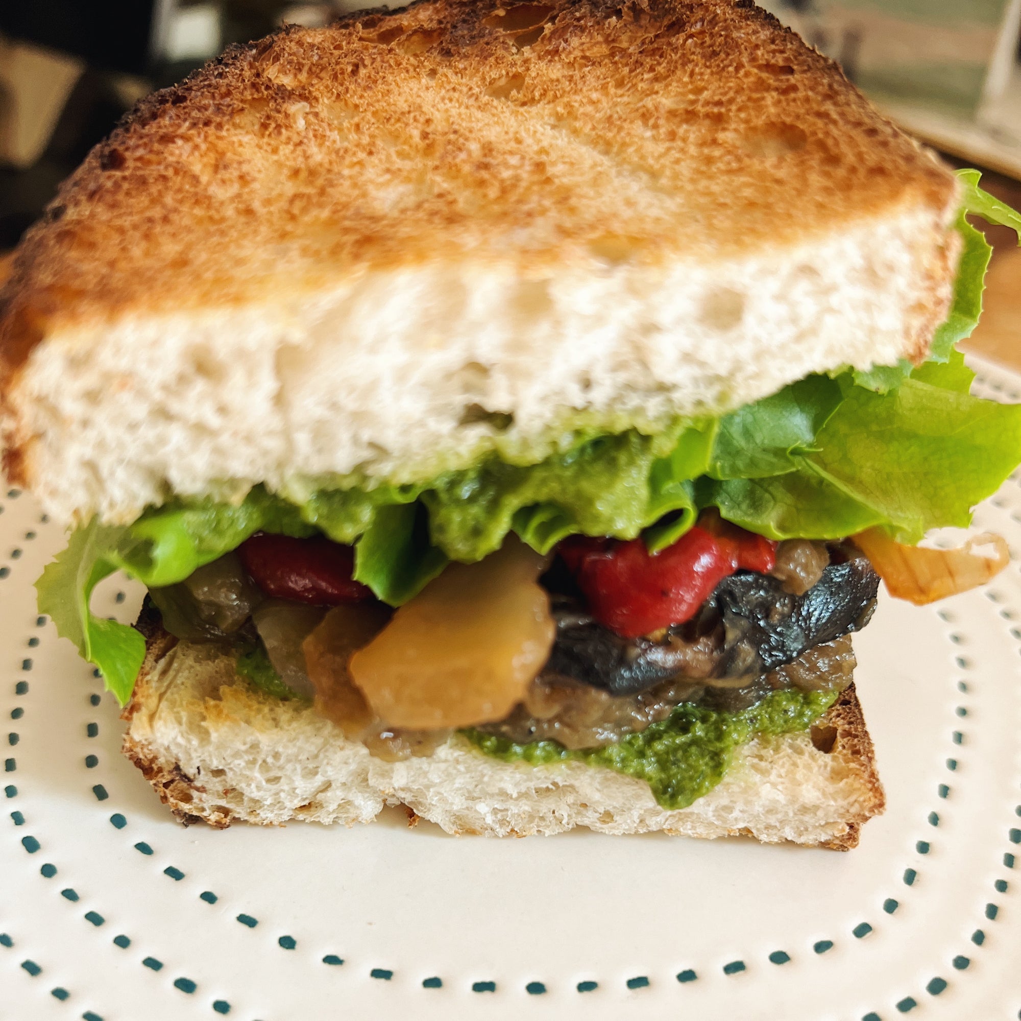 Escalivada sandwich with vegan pesto on toasted sourdough - Donostia Foods