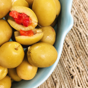 manzanilla olives stuffed with piquillo pepper in a bowl
