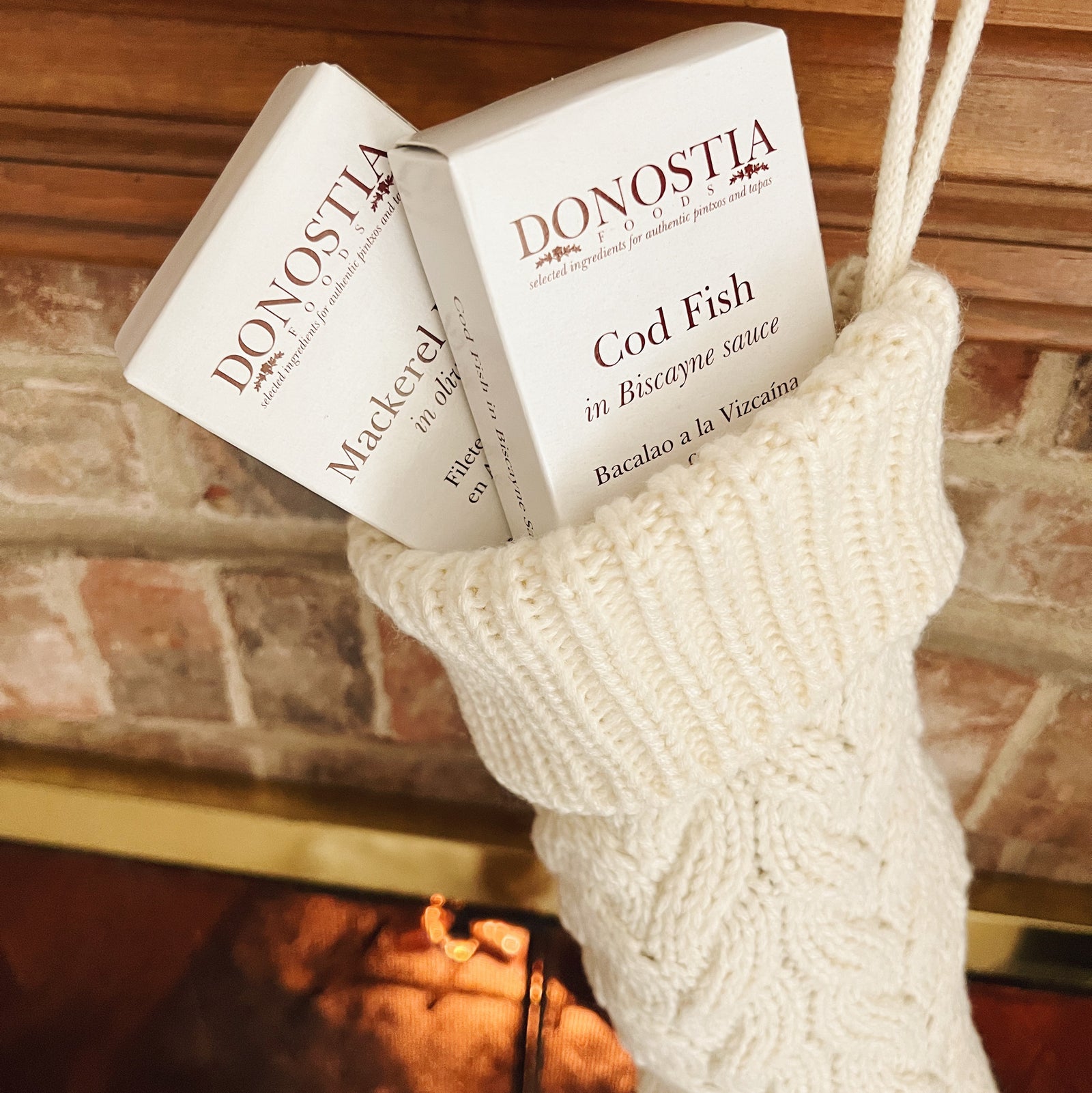 A closer view of the stocking full of tinned seafood - Donostia Foods